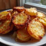 A close-up of perfectly golden brown and crispy fried potatoes piled high on a white plate, catching the sunlight.