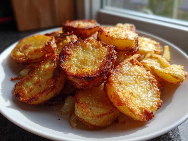 A close-up of perfectly golden brown and crispy fried potatoes piled high on a white plate, catching the sunlight.