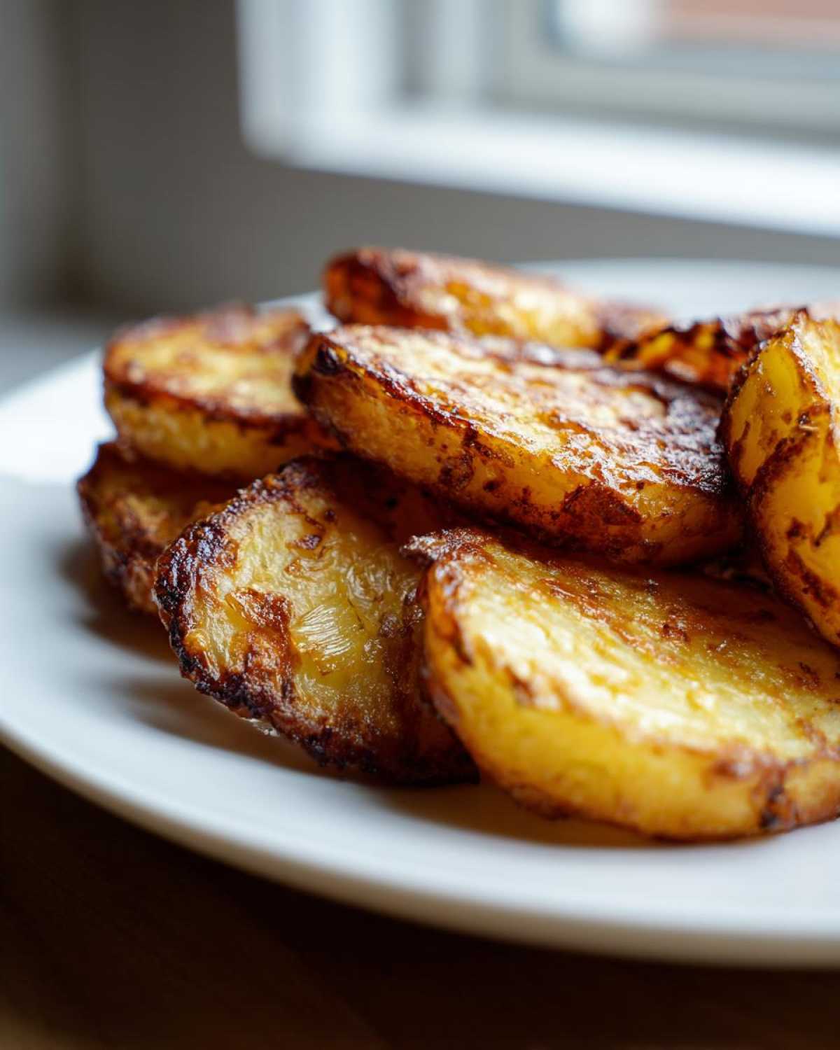 Close-up of golden brown, pan-seared fried potatoes stacked on a white plate.