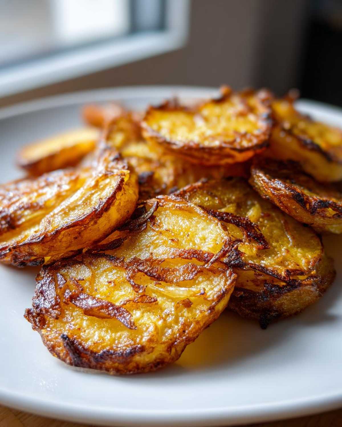 Close-up of perfectly cooked, golden brown, crispy fried potatoes stacked on a white plate.