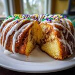 Close-up of a delicious king cake with a cinnamon swirl filling, cut open to show the texture, topped with white icing and Mardi Gras sprinkles.