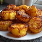 Close-up of golden brown, crispy roast potatoes piled high on a white plate.