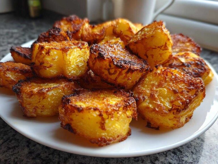Close-up of golden brown, crispy roast potatoes piled high on a white plate.