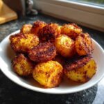 A close-up of golden brown, extremely crispy roast potatoes piled high on a white plate.