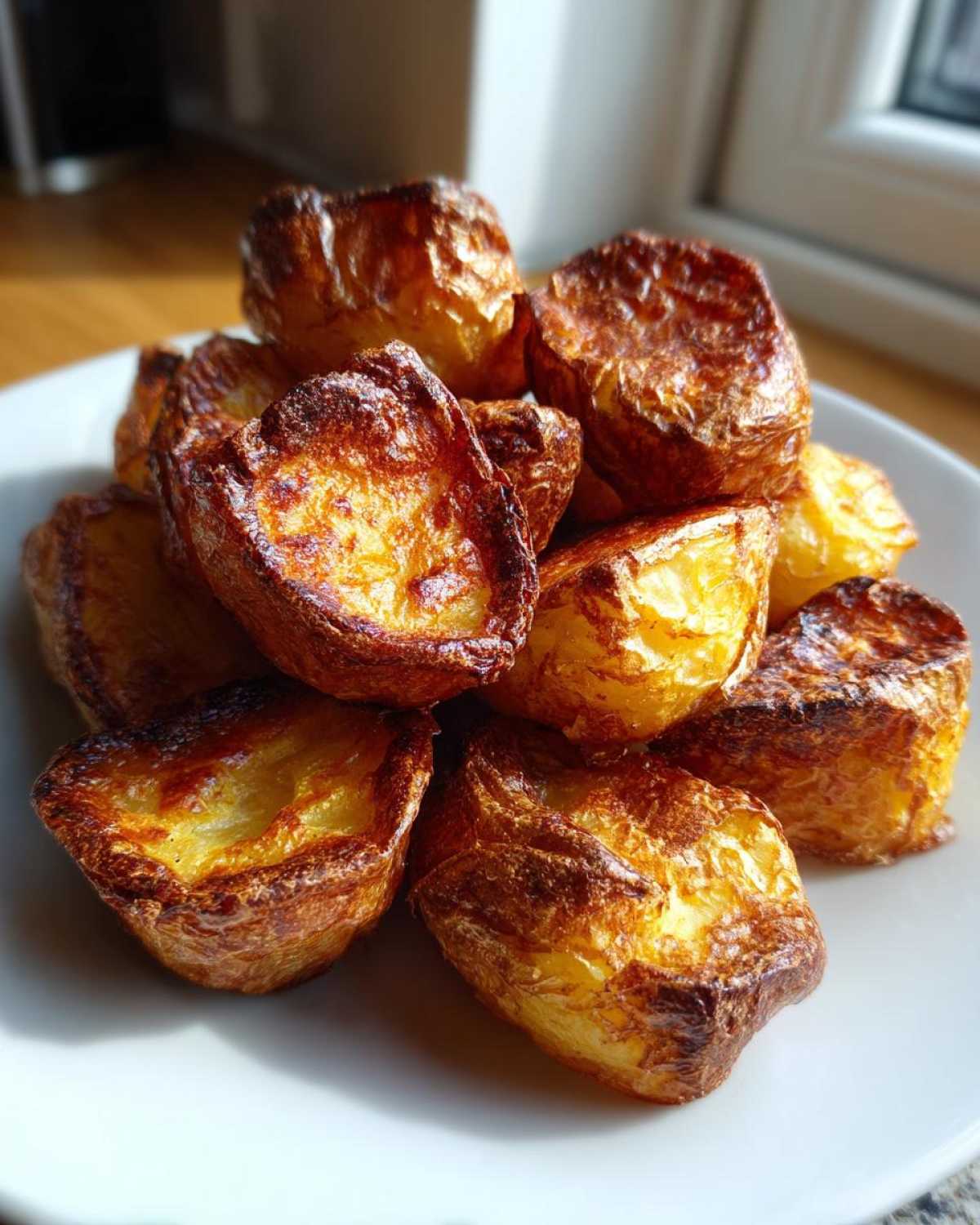 A close-up of perfectly cooked, golden brown, and crispy roast potatoes piled on a white plate.
