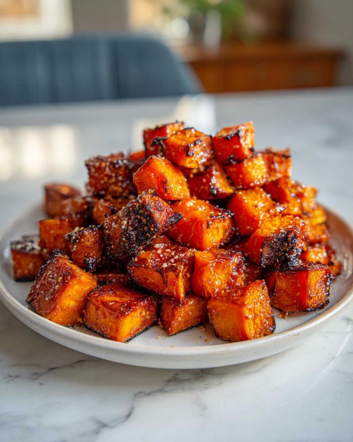 A mound of perfectly caramelized and slightly charred roasted sweet potatoes sprinkled with seasoning on a light plate.