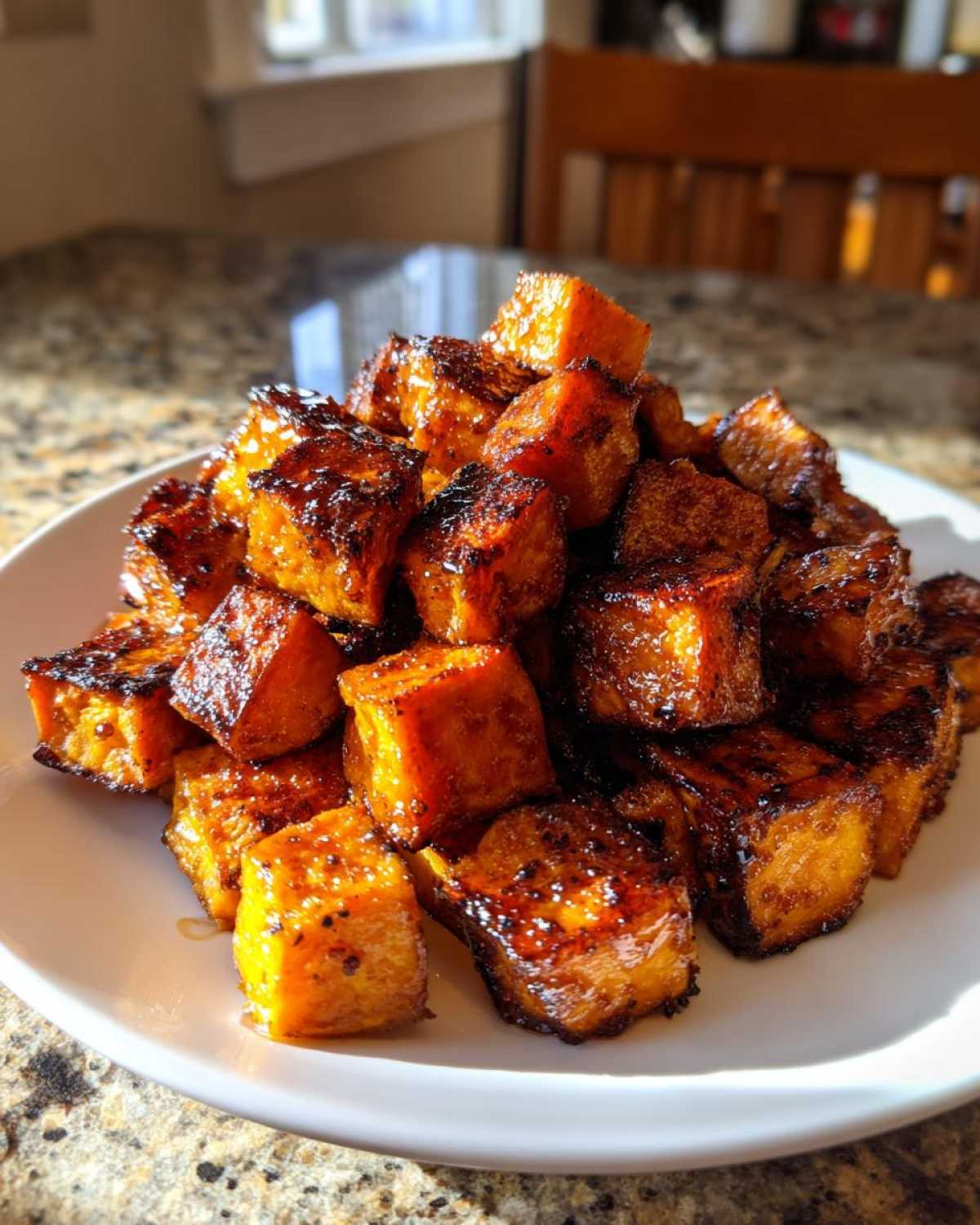A pile of caramelized, glazed roasted sweet potatoes cubes served on a white plate.