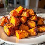 A mound of perfectly caramelized roasted sweet potatoes cubes piled high on a white plate.
