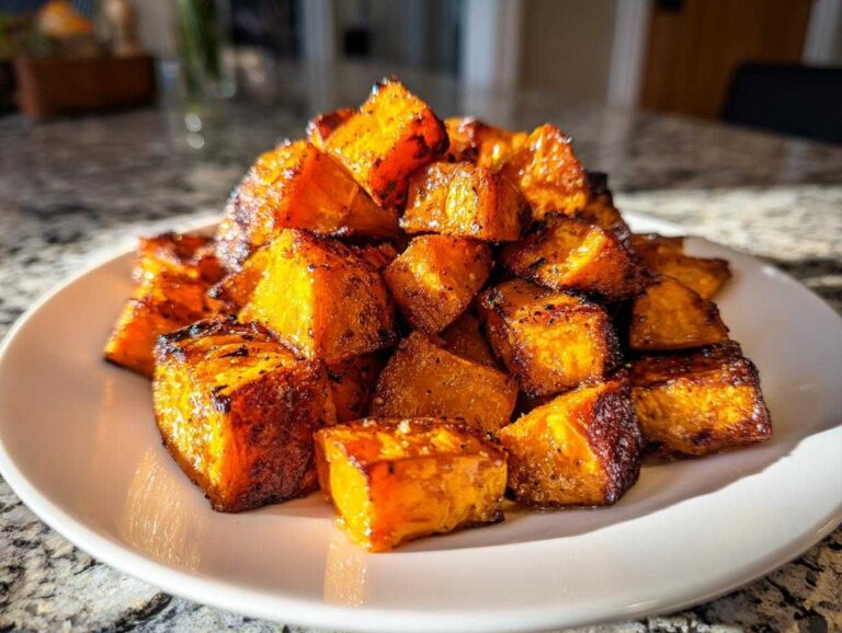 A mound of perfectly caramelized roasted sweet potatoes cubes piled high on a white plate.