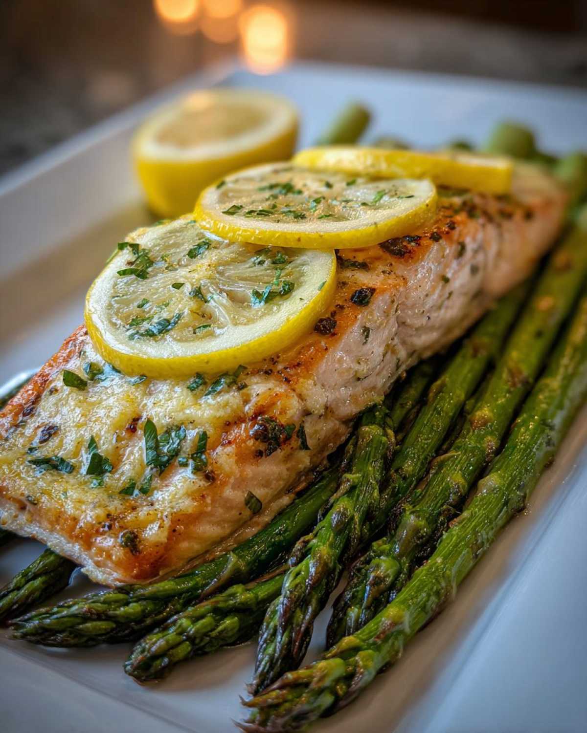 Close-up of a perfectly cooked salmon recipe fillet topped with lemon slices and parsley, served over roasted asparagus.