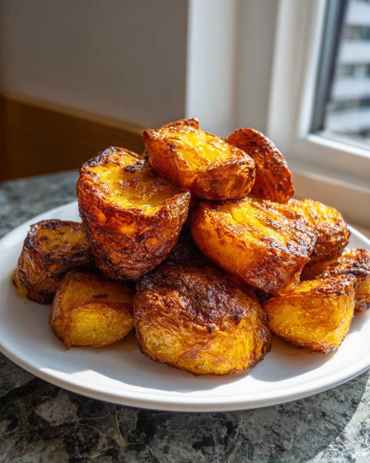 A pile of golden brown, crispy roast potatoes showing a fluffy interior texture.
