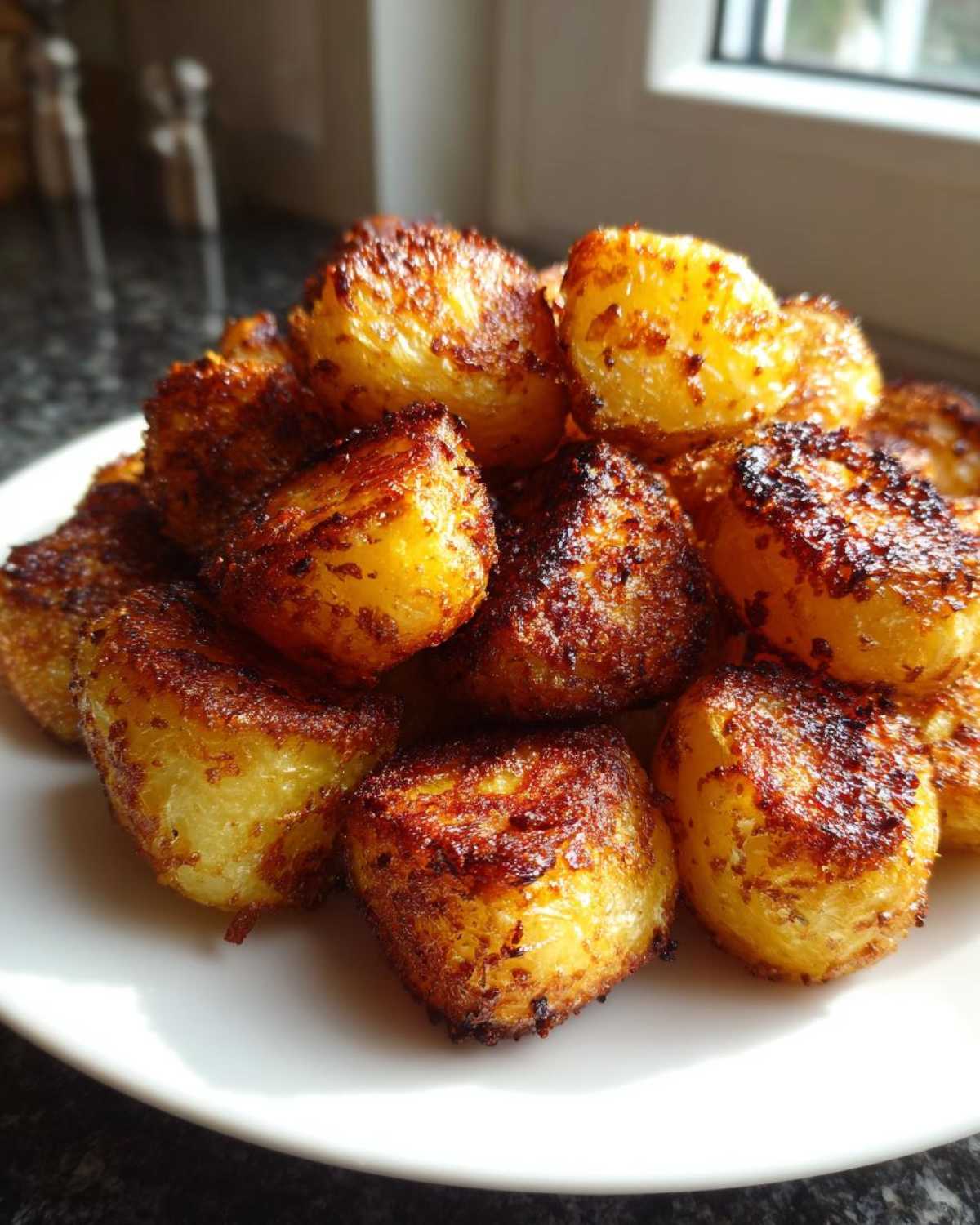 A close-up of perfectly crispy, golden brown roast potatoes piled high on a white plate.