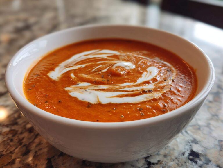 Close-up of a white bowl filled with vibrant orange tomato bisque, topped with a swirl of cream and herbs.