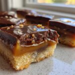 Close-up of a gooey, layered twix cookies bar showing shortbread, caramel, and chocolate topping.