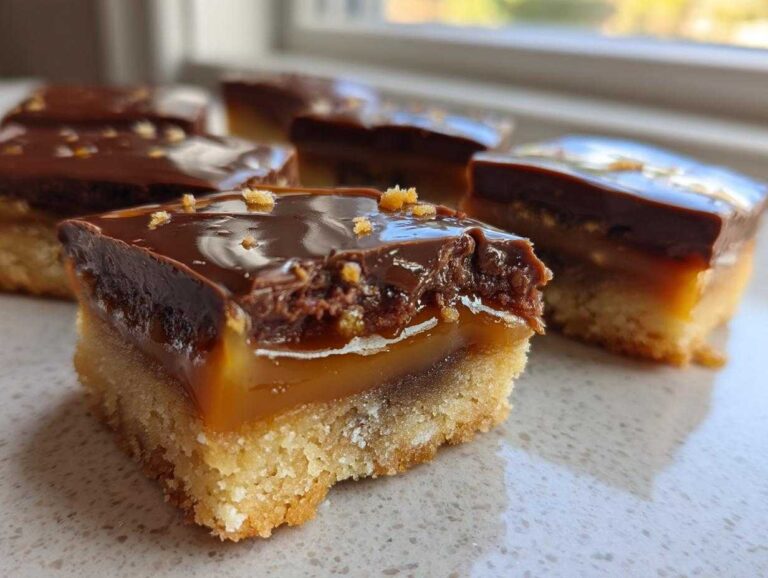 Close-up of a gooey, layered twix cookies bar showing shortbread, caramel, and chocolate topping.