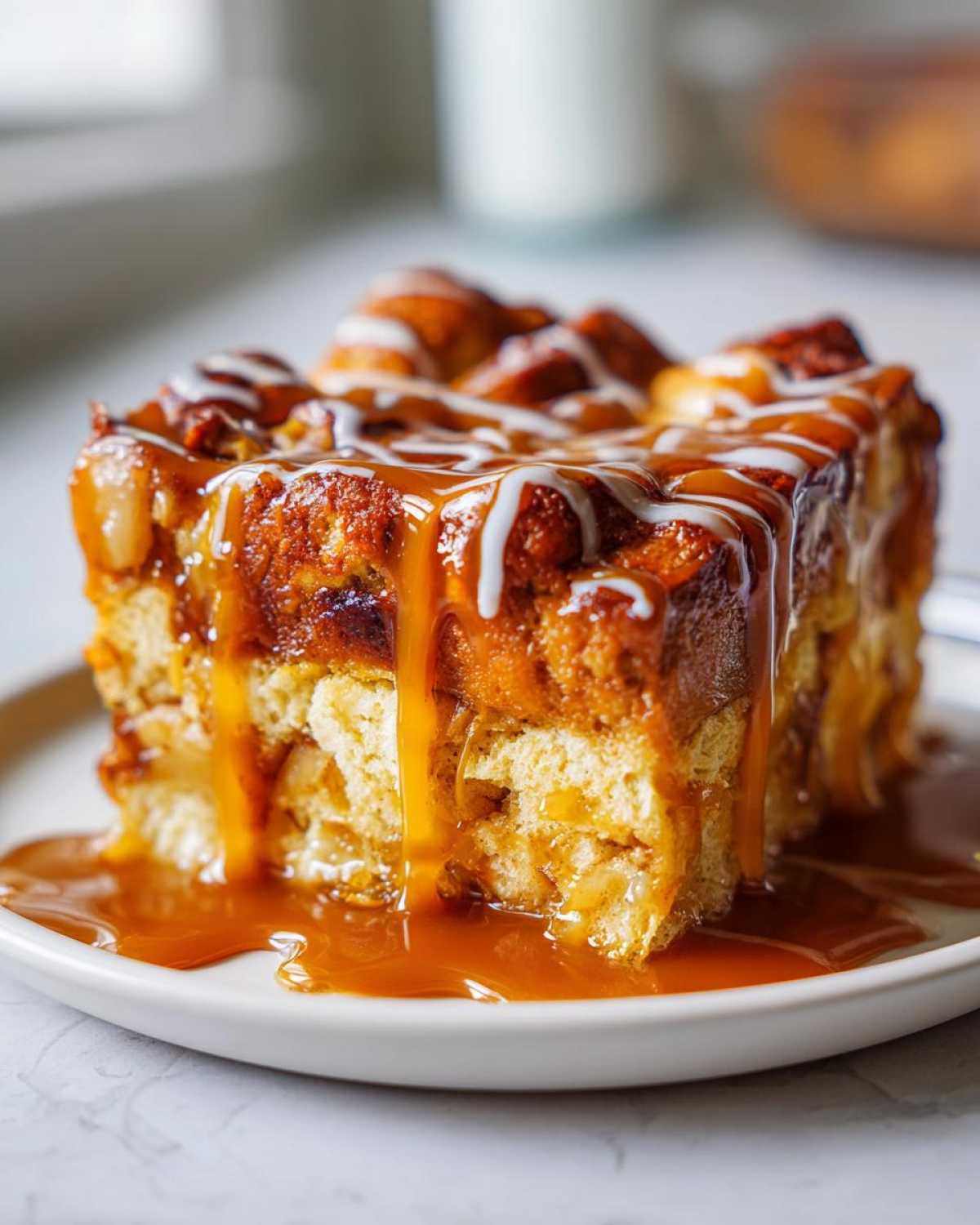 A close-up of a square serving of apple bread pudding drenched in thick caramel sauce and white icing.