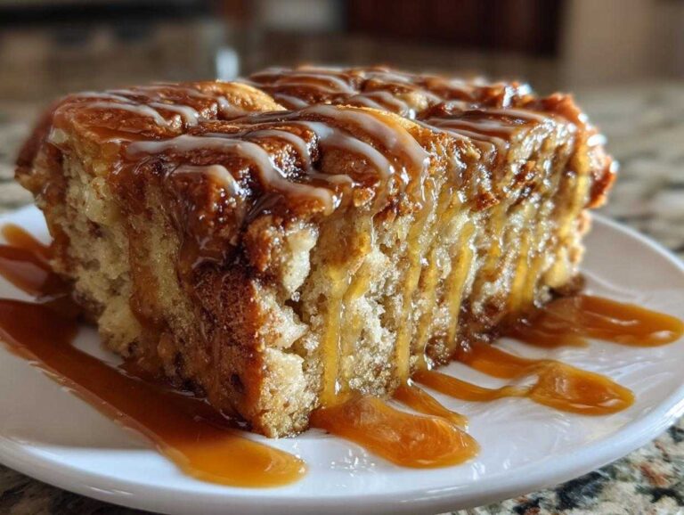 A close-up of a thick slice of apple bread pudding topped with caramel and vanilla icing.