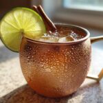 A frosty copper mug filled with an apple cider moscow mule, garnished with a lime wheel and cinnamon sticks.
