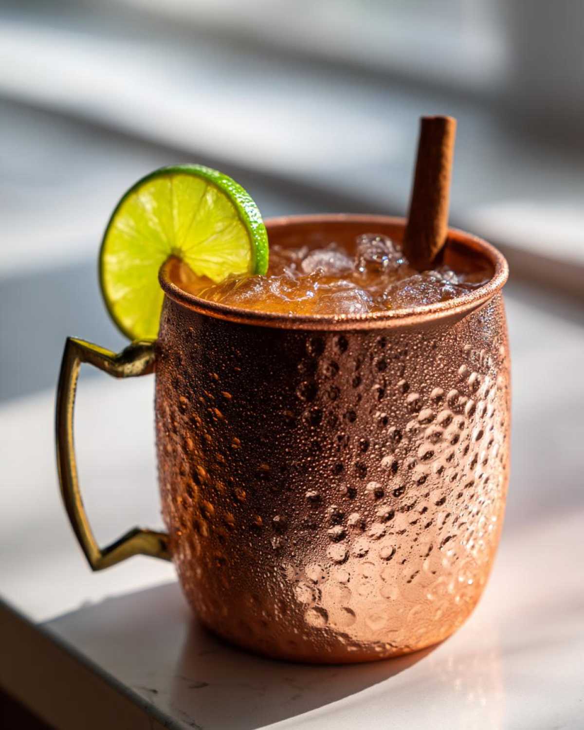 A refreshing apple cider moscow mule cocktail served in a frosty, hammered copper mug with a lime wedge and cinnamon stick.