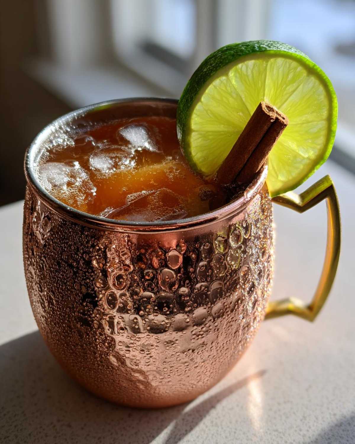 Close-up of a frosty copper mug filled with an apple cider Moscow mule, garnished with a lime wheel and cinnamon stick.