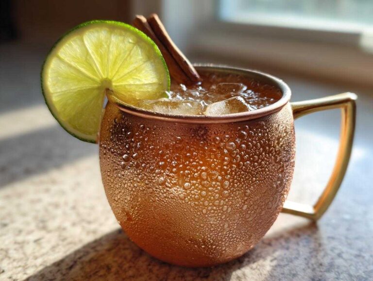 A frosty copper mug filled with an apple cider moscow mule, garnished with a lime wheel and cinnamon sticks.