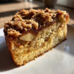 Close-up of a moist slice of apple crumb cake showing tender cake, baked apple pieces, and a thick, sugary crumble topping.