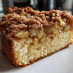 Close-up of a moist slice of apple crumb cake showing the tender cake base, chunky apple filling, and thick cinnamon streusel topping.