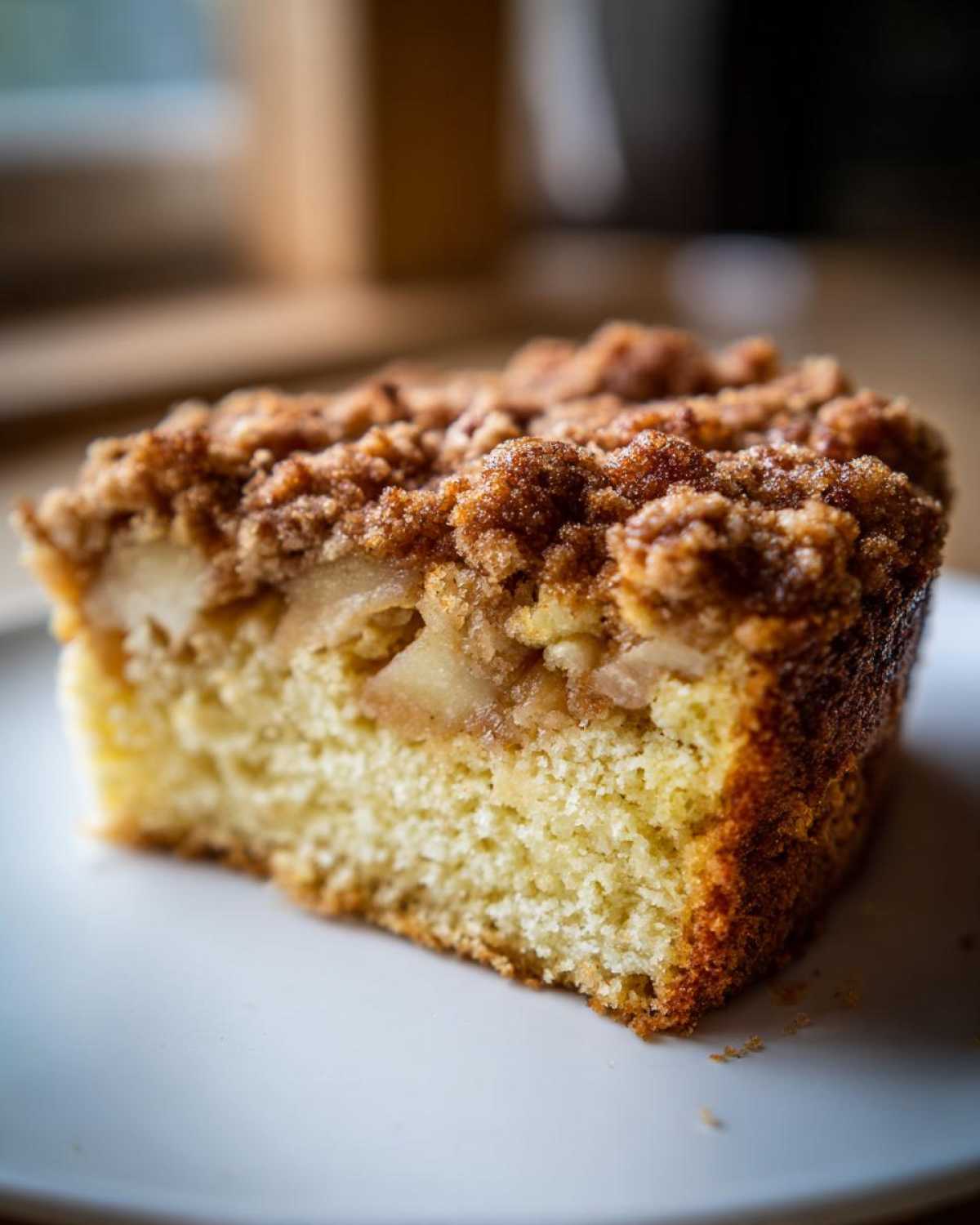 Close-up of a moist slice of apple crumb cake showing the dense cake base, apple filling, and thick cinnamon streusel topping.
