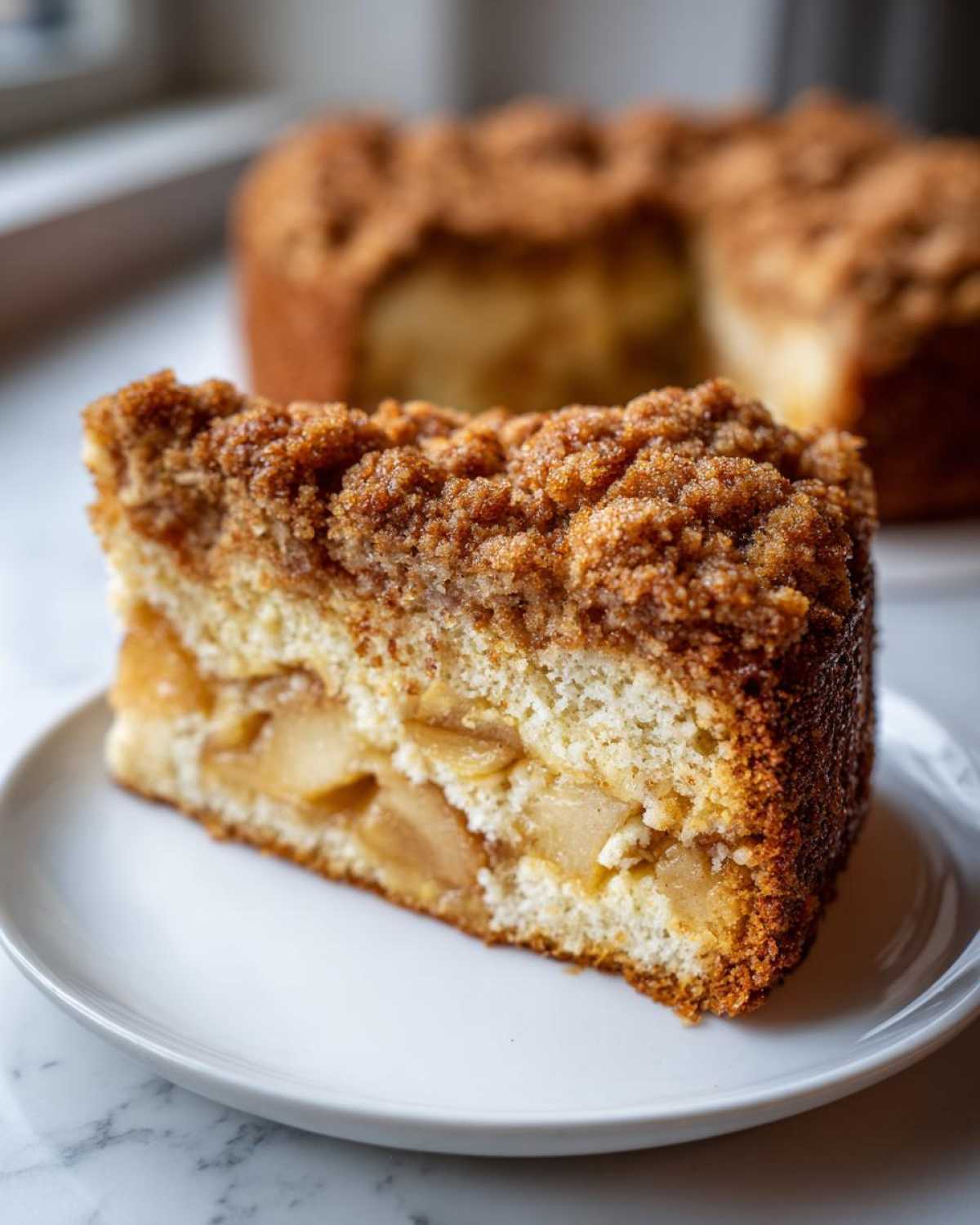 Close-up of a moist slice of apple crumb cake showing layers of cake, cinnamon apples, and thick crumb topping.