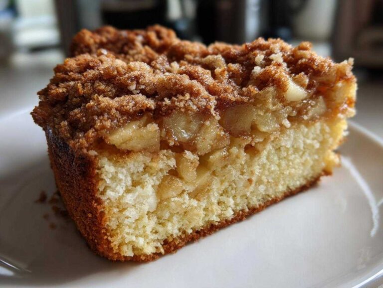 Close-up of a moist slice of apple crumb cake showing the tender cake base, chunky apple filling, and thick cinnamon streusel topping.
