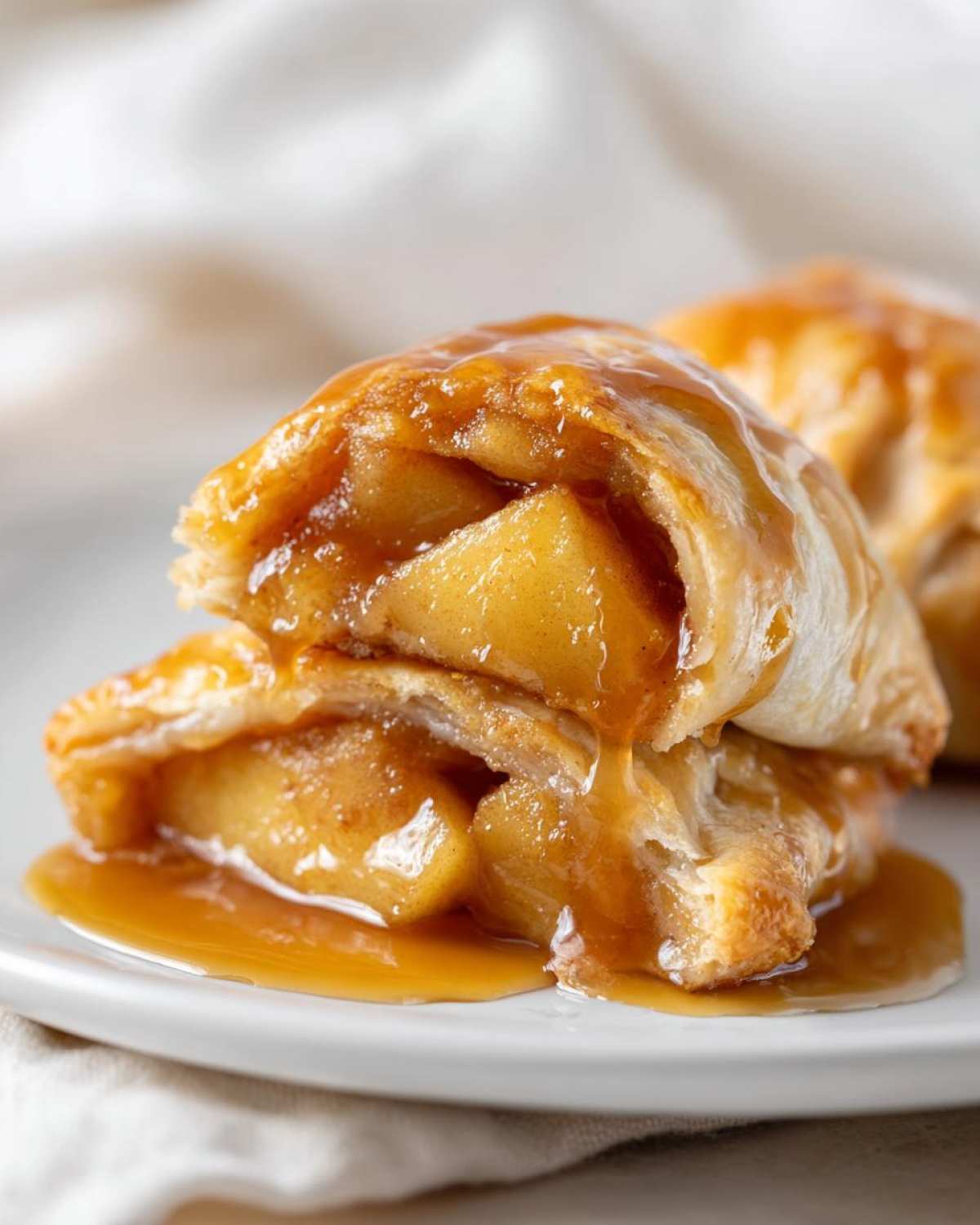 Close-up of a cut apple dumpling showing tender spiced apples and dripping caramel sauce.
