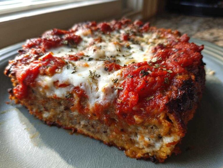 A thick, baked slice of chicken parmesan recipe, topped with melted mozzarella and rich tomato sauce.