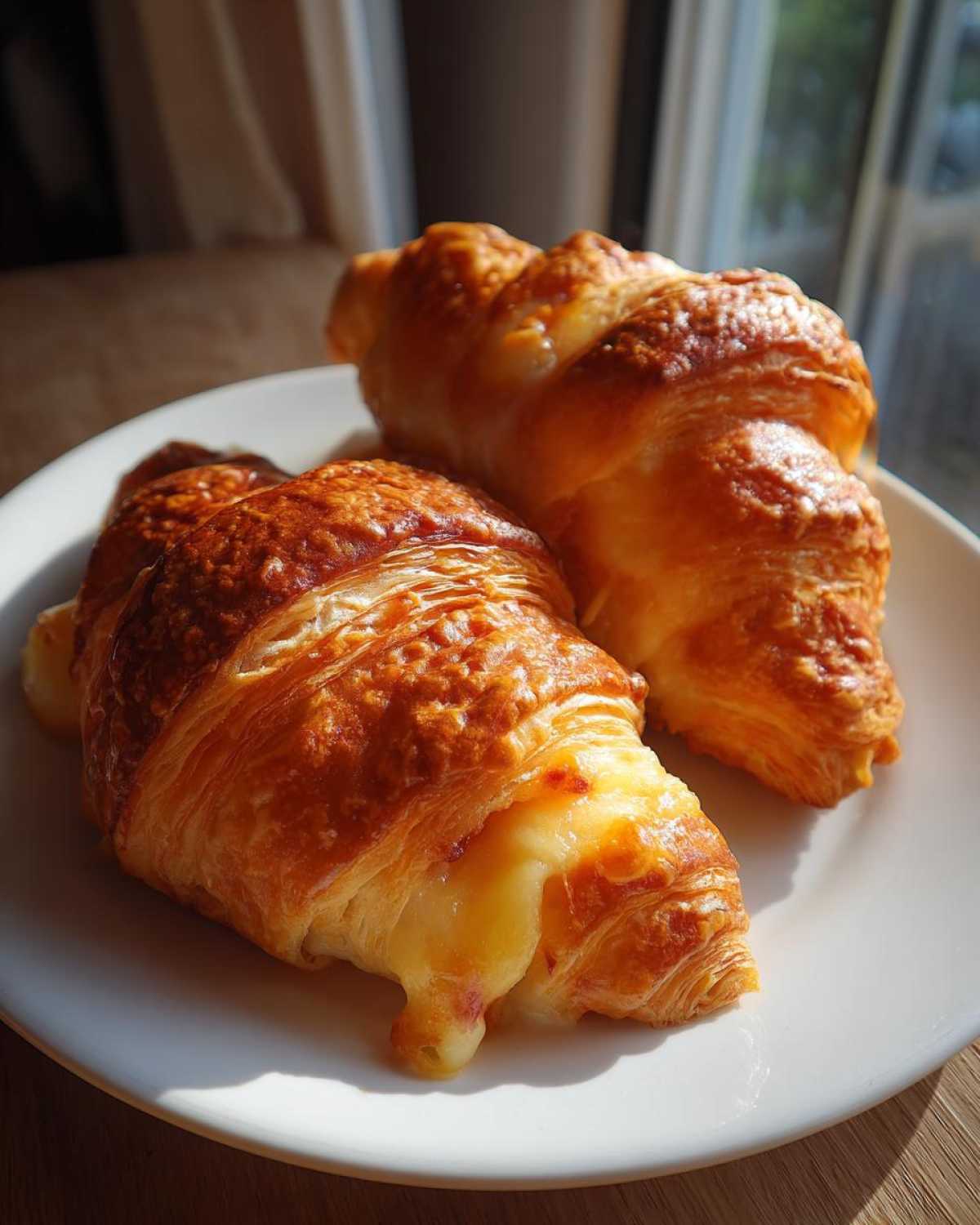 Two golden brown baked ham and cheese croissants with melted cheese oozing out, served on a white plate.