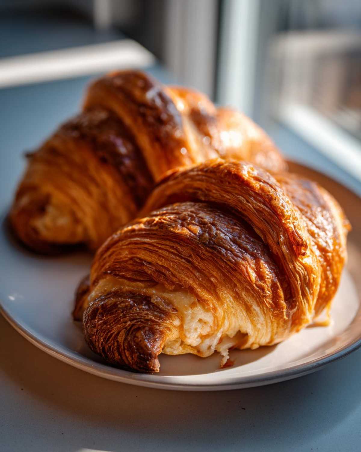 Close-up of two golden brown baked ham and cheese croissants on a white plate.
