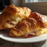 Two golden brown baked ham and cheese croissants oozing melted cheese served on a white plate.