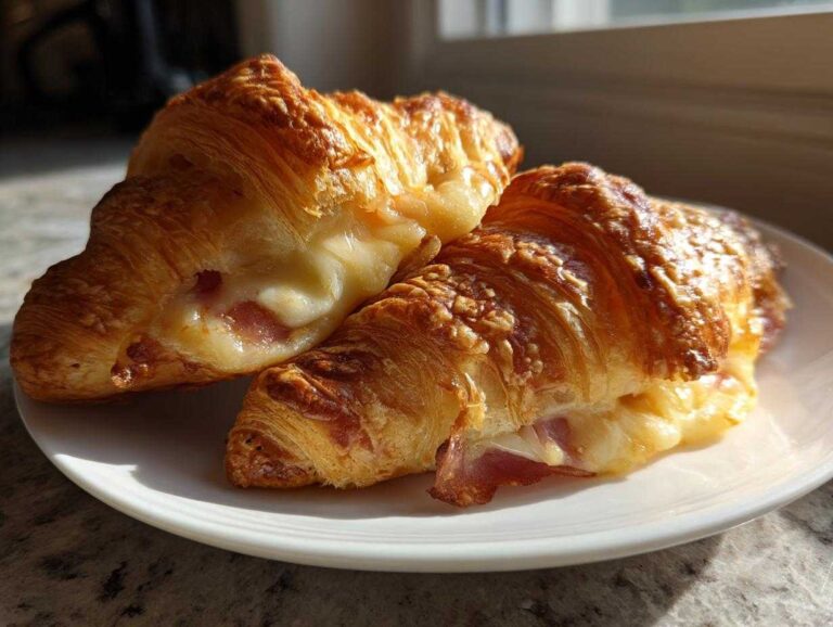 Two golden brown baked ham and cheese croissants oozing melted cheese served on a white plate.