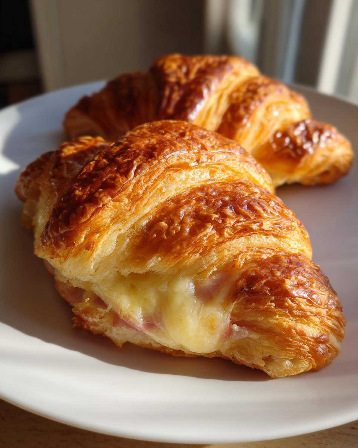 Close-up of two golden baked ham and cheese croissants, showing melted cheese oozing out of the front one.