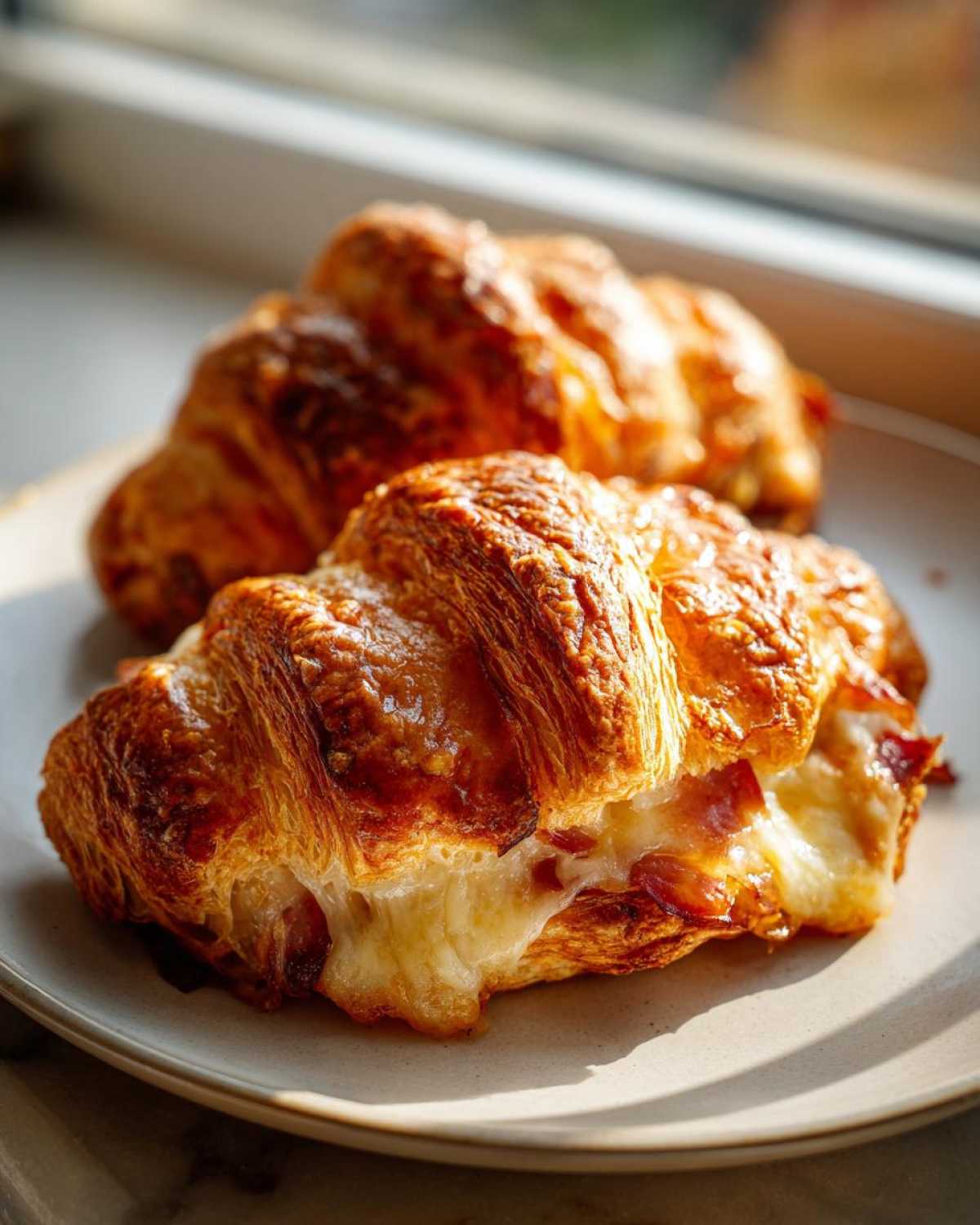 Close-up of two golden baked ham and cheese croissants, with melted cheese oozing out.