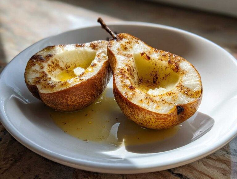 Two halves of warm baked pears sprinkled with cinnamon resting in syrup on a white plate.