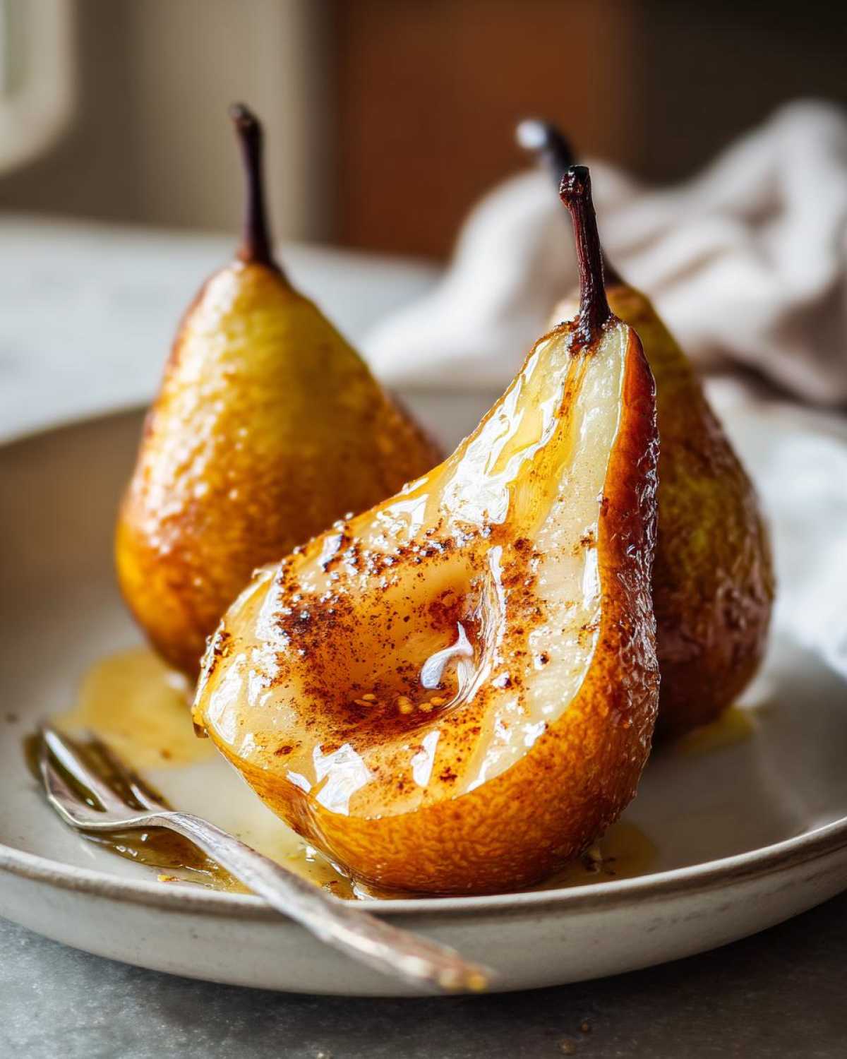 A close-up of a halved baked pear, glistening with honey syrup and sprinkled with cinnamon, served on a plate.