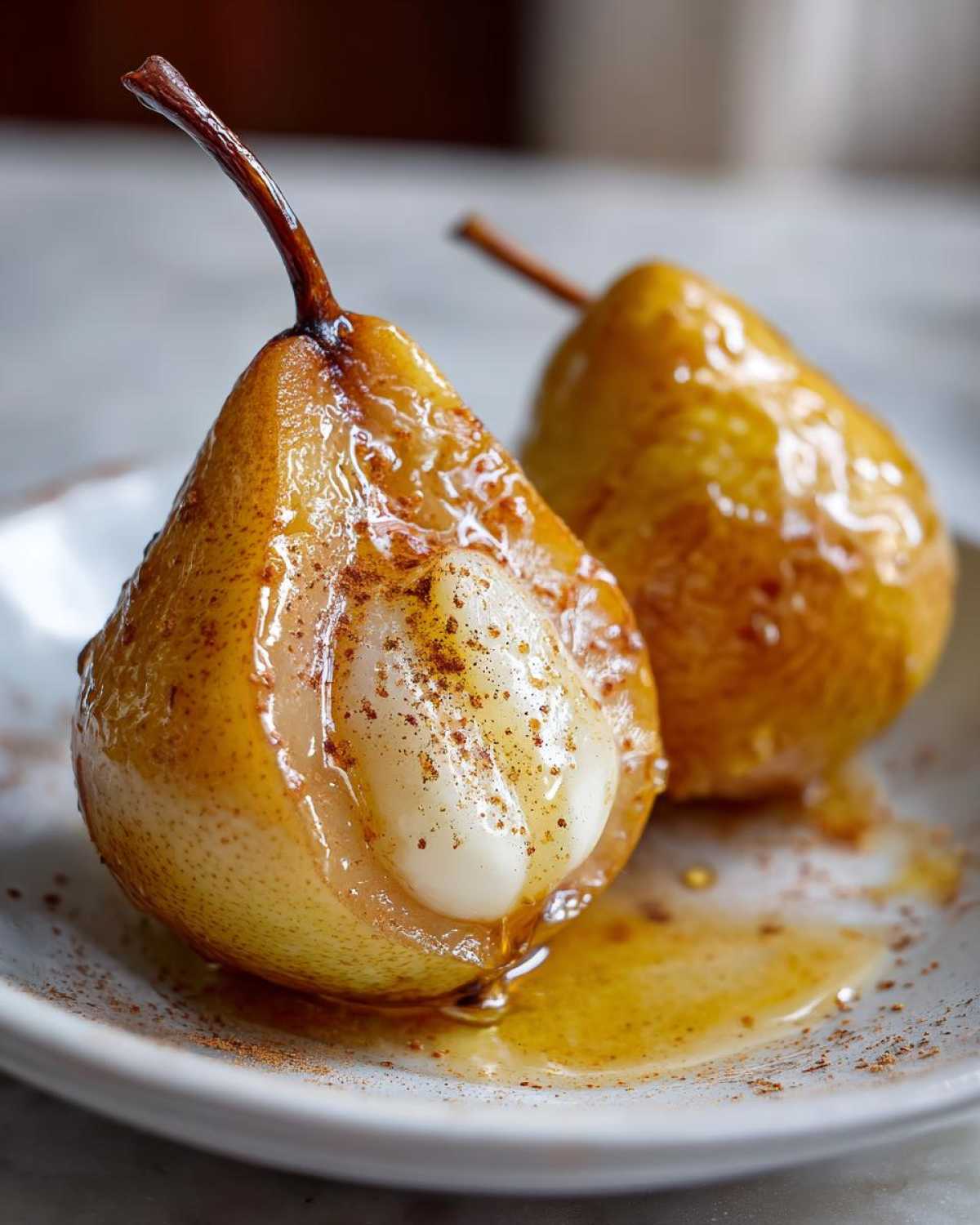 Two glistening baked pears drizzled with honey and sprinkled with cinnamon, one halved to show a creamy filling.