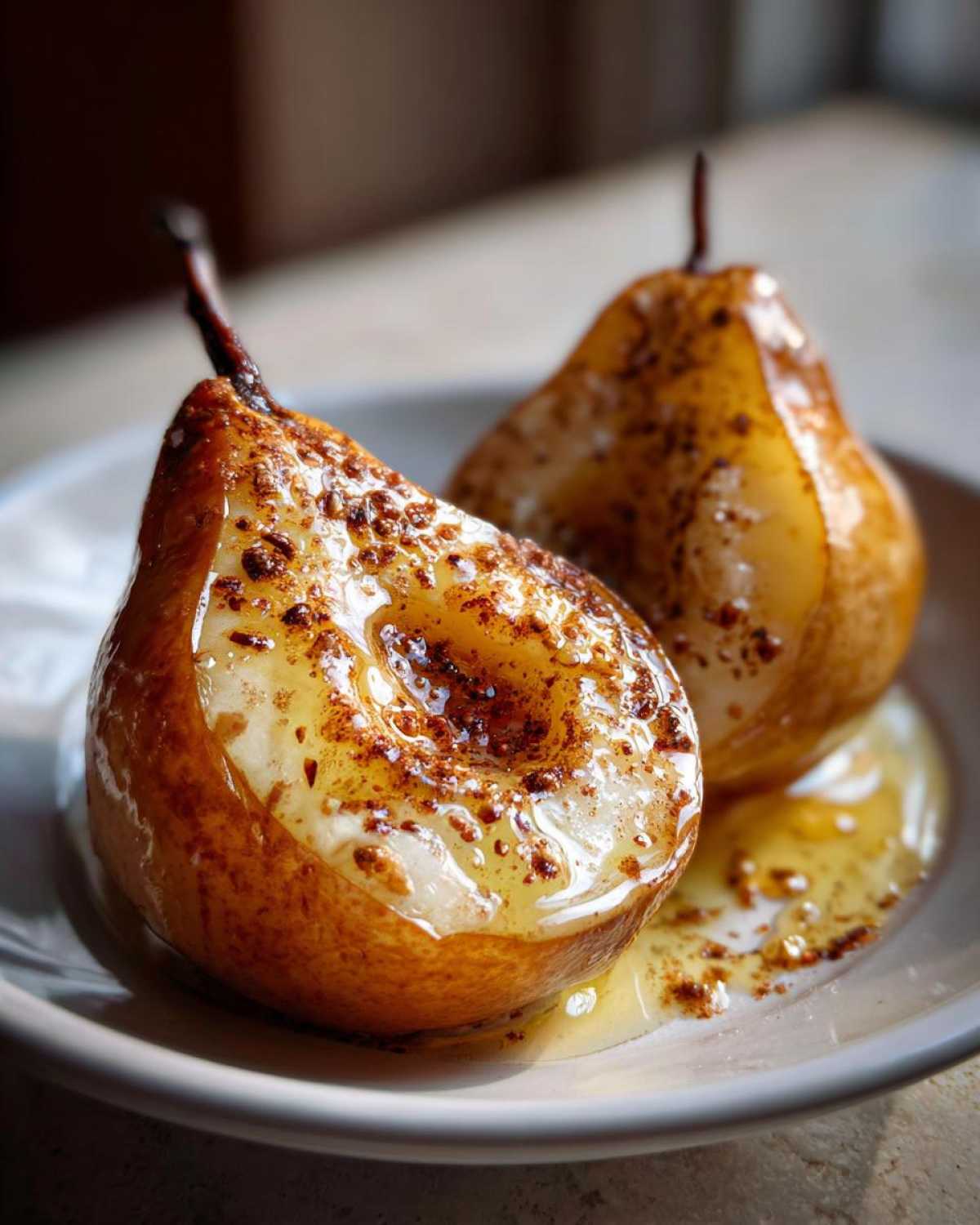 Two halved baked pears glistening with honey syrup and sprinkled with cinnamon on a white plate.
