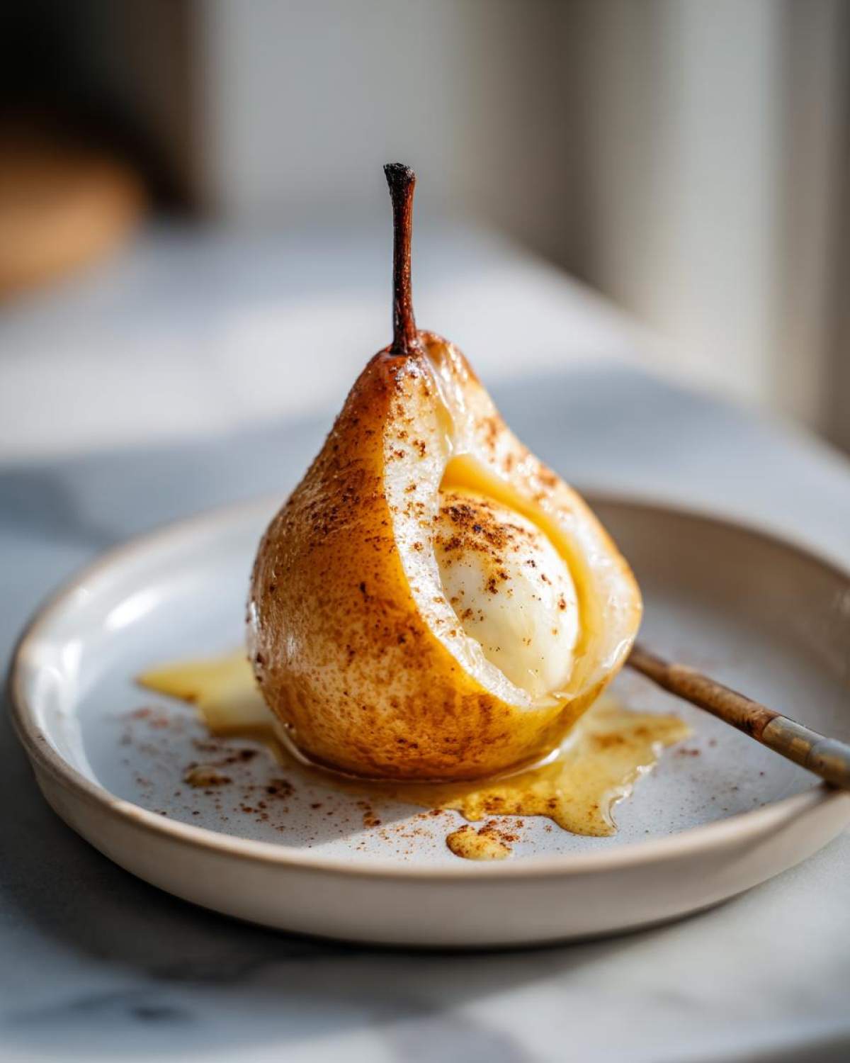 A single baked pear, halved and filled with vanilla ice cream, dusted with cinnamon, served with syrup.