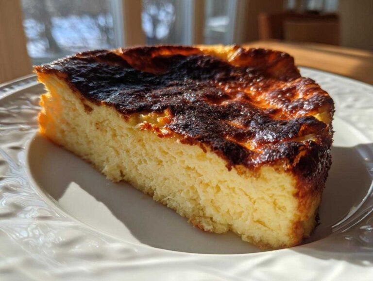 A close-up slice of basque cheesecake showing its creamy interior and signature dark, caramelized top.