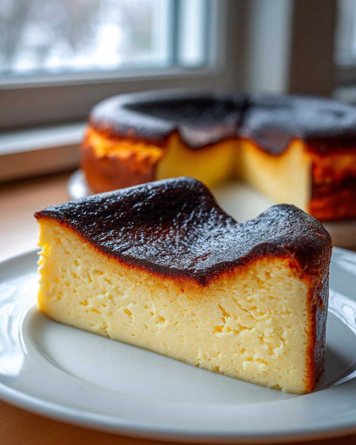 A creamy slice of Basque cheesecake with a deeply caramelized, burnt top resting on a white plate.