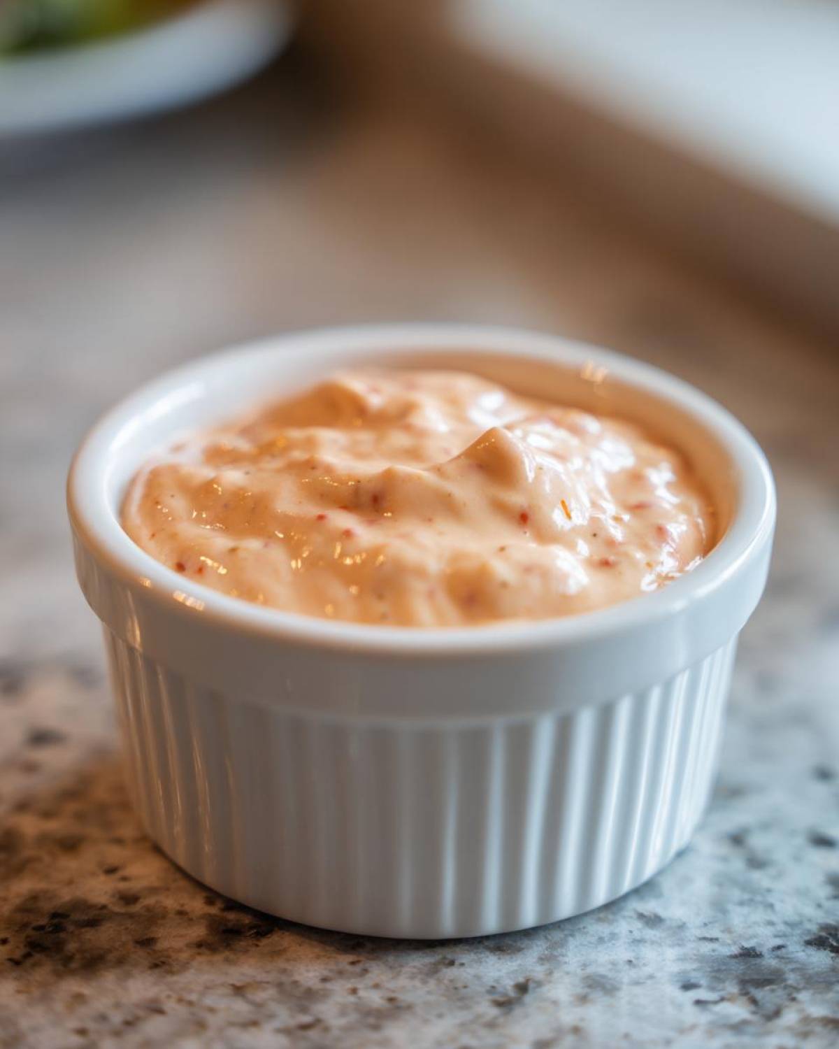 Close-up of creamy, orange-tinted big mac sauce served in a small white fluted ramekin.