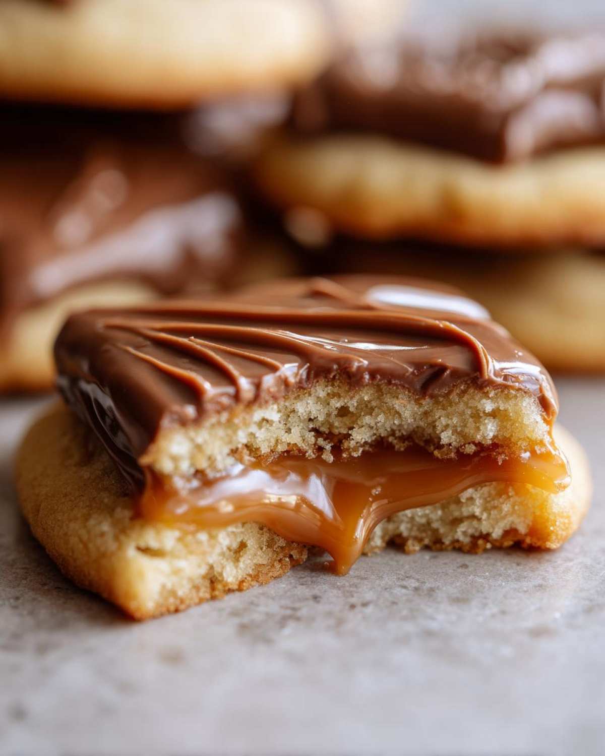 Close-up of a bitten twix cookie revealing a soft, buttery interior and gooey caramel filling dripping out.