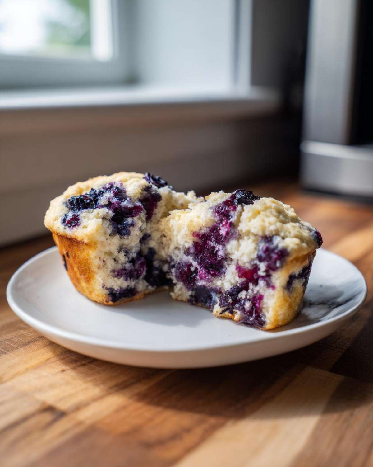 A blueberry cottage cheese muffin cut in half showing the moist interior packed with blueberries.