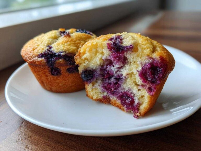 Two moist blueberry cottage cheese muffins on a white plate, one cut open showing the berry-filled interior.