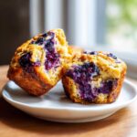 Close-up of a blueberry cottage cheese muffin cut in half showing the moist interior packed with blueberries.